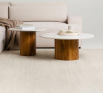 IDIMEX GANGA/YAMUNA kohvilaudade komplekt marmorist lauaplaadiga, valge/loomulik, &uuml;mmargune k&uuml;ljelaud 2-st komplektis, &uuml;mmargune puidust raam akaatsiapuidust, elutoa laud, kohvilaud