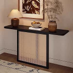 PQXQZ Rustikaler Konsolentisch Tischplatte aus Massivholz Eingangstisch mit Rattan Geflecht f&uuml;r Flur Wohnzimmer und Eingangsbereich(Black,160x30x75cm)