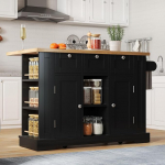 VSOGA 132cm Mobiler K&uuml;chentisch, Landhausstil, klappbare Arbeitsplatte, Multifunktionsschrank, Schublade, Gew&uuml;rzregal, Handtuchhalter, 5 Rollen, integrierte Steckdose, K&uuml;che/Essen/Haus