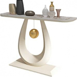 Schmaler Konsolentisch f&uuml;r den Eingangsbereich mit Rockboard-Platte und Eisengestell, eleganten goldenen Akzenten, abgerundeten Kanten und geschwungenen Seiten, f&uuml;r Foyer oder Flur, Wei&szlig; und