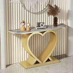 Moderner schmaler Konsolentisch f&uuml;r den Eingangsbereich - herzf&ouml;rmiger Metallsockel und Steinplatte, schmaler Sofatisch f&uuml;r den Flur f&uuml;r Wohnzimmer, Schlafzimmer (Gold, 150 cm)