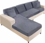 NAISI Sofabez&uuml;ge aus Samt, L-Form, weich, Stretch-Sofabez&uuml;ge mit 2 Kissenbez&uuml;gen f&uuml;r links/rechts Chaiselongue (3-Sitzer + 1 Chaise+4 R&uuml;ckenlehne, Dunkelgrau), 8 St&uuml;ck