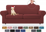 KEKUOU Stretch Couch Covers, Seat Covers for 2 Pillows, Couch Sofa, Sofa Cover, Slipcover for 2 Separate Pillows, Couch with Soft Elastic Furniture Protector for Dogs Kids (Loveseat, Dark Red)