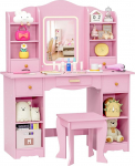 MAMIZO laste riietuslaud LED-valgustusega, laste riietuslaud koos peegliga, laud koos tugitooliga, 5 sahtlit ja 10 kambrit, printsessi riietuslaud, t&uuml;drukud alates 3, roosa