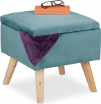 Relaxdays Sametist tugitooli hoiuruumiga, polsterdatud, nelinurkne, puidust jalgadega, elutoa istumisjalg, K x S x S: 40 x 40 x 40 cm, t&uuml;rkiissinine toon