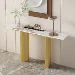 Moderner Konsolentisch, schmaler Eingangstisch, Sofatisch aus Kunstmarmor mit geometrischen Metallbeinen, stilvolle Flurm&ouml;bel f&uuml;r das Wohnzimmer, 139,7 cm Gold-Finish