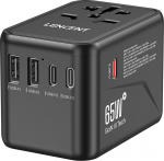 LENCENT universaalne reisimisadapter, GaN III 65W rahvusvaheline laadija 2 USB-A ja 3 Type-C PD kiirlaadimisega, &uuml;lemaailmne reisipistikupesa adapter A/C/G/I (USA/UK/EL/AUS) pistikupesadele, must
