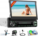 Hikity 1 DIN 2GB + 64GB Android 13 autoraadio 7-tollise Flip Out motoriseeritud puuteekraaniga Traadita CarPlay Android auto Bluetooth peeglilink autoraadio navigatsiooniga tagurduskaameraga WiFi FM RDS SWC EQ