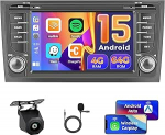 Hikity 4 + 64 GB autoraadio Android 15 Audi A6 C5 1997-2004/S6 1999-2004/RS6 2002-2006 7-tollise puuteekraaniga, raadio traadita Carplay Android auto FM/RDS raadio BT GPS WiFi SWC 32EQ tagumine vaade