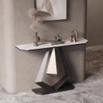 Moderner, schmaler Sofatisch &ndash; Konsole aus wei&szlig;er Steinplatte mit schwarz lackiertem Sockel, abgerundete Ecken f&uuml;r Wohnzimmer, Flur, Eingangsbereich, Schlafzimmer (120 x 30 x 80 cm)