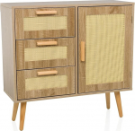 hjh LIVING Stryn Chest of Drawers with Rattan Wicker with 1 Door and 3 Drawers for Living Room Bedroom Hallway Light Brown 80 x 32.5 x 78 cm