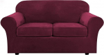VDLLQYN, Velvet Sofa Cover Set for Two-Seater, Stretch Couch Cover for 2 Seater Sofa with 2 Cushion Covers, Luxury, Navy, Sofa Covers (Red Wine)