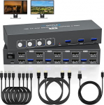 USB 3.0 HDMI KVM Switch 4 PC 2 monitori 3 USB-pordiga, 4K @ 60Hz 4 arvutile, mis jagavad kahte monitori ja klaviatuuri hiirt, toetab nupujuhtimist, EDID &uuml;hilduvusega