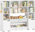 Hzuaneri KB75203W Lasteriiul 2 rullitava hoiukastiga, 4-korruseline raamaturiiul, laste raamaturiiul, m&auml;nguasjade riiul, raamaturiiul lastetuppa, elutuppa, valge, 30 x 140 x 120 cm, 30 x 140 x 120 cm