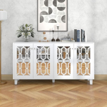BTM White Mirrored Sideboard with Cool Crystal Handles, Four Doors, with Movable Laminate, for Living and Dining Room, 160 x 40 x 84 cm