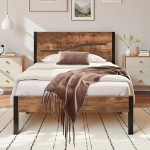 VECELO voodiraam 90 x 200 cm metallist voodiraam lamellip&otilde;hjaga, &uuml;heinimesevoodi metallist voodi paksu puidust peatsiga, Vintage k&uuml;lalisvoodi, noortevoodi, sobib ideaalselt magamistuppa, pruun