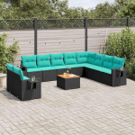 Gartensofa-Set 11-teilig schwarz aus Polyrattan mit Kissen und Beistelltisch als modulares Gartenm&ouml;bel Set