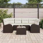 Modulares Gartensofa-Set Braun Poly-Rattan mit Zwei Ecksofas Zwei Armsofas mittleren Sofas und Glasplattentisch f&uuml;r den Garten
