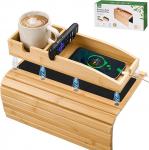 Joy&Grace Diivan Cup Holder, 3 in 1 Magnetic Removable Couch Arm Tray, Bambusest diivanil k&auml;etugi tabel koos libisemiskindla padiga, diivanil k&auml;etugi tabel (Natural)