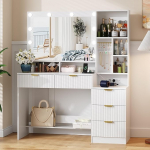 JUMMICO 114 cm suur garderoobilaud suure peegli ja LED tuledega, garderoobilaud 5 sahtliga, 7 avatud riiulit, 7 konksu, kosmeetikalaud t&uuml;drukutele, naistele ja magamistuppa, Glacier White