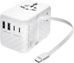 TROIKA Worldwide Pull Travel Adapter 35 EU/USA/CHN/UK + USA/JP sisaldab USB-C kaablit v&auml;ljat&otilde;mmatav kiirlaadimiskaabel ja sobib k&otilde;ikidele standardsetele pistikupesadele 5-in-1 laadimisv&otilde;imsus 35 W valge v&auml;rvusega