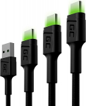 Green Cell 3 USB A - USB-C Type-C kaablite komplekt [0,3 m 1,2 m 2 m] LED-valgustusega laadimiskaabel kiirlaadimiskaabel, mis &uuml;hildub Samsung Galaxy S23 S22 S21 S20 Ultra S10 S9 S8+ Android telefonidega