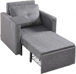 VEVOR Convertible Sofa Bed with Side Pocket & Cushion & Armrest, Single Chair with 5-Way Adjustable Backrest, Single Pull-Out Couch with 2 Wheels and Storage Bottom, Grey