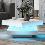 BTM valge ruudukujuline k&otilde;rgl&auml;ikega kohvilaud p&ouml;&ouml;rleva lauaplaadiga - kaasaegne techno stiilis 16 v&auml;rvilise LED-valgusega, 70 x 70 x 36 cm