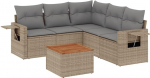 6-TLG. Garten-Sofagarnitur Beige Poly Rattan 62x62x69 cm mit Akazienholz-Tisch und klappbaren Beistelltischen Modernes Lounge-Set f&uuml;r Terrasse Balkon und Garten