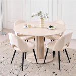 DEYARNA HOME 115 cm &uuml;mmargune s&ouml;&ouml;gilaud koos 4 s&ouml;&ouml;gitooliga, MDF k&ouml;&ouml;gilaud (travertiinist) ja 4 tooli k&ouml;&ouml;ki, s&ouml;&ouml;gituppa, elutuppa ja kontorisse (beež)