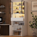 70 x 30 x 200 cm Vitriinkapp sahtlitega ja klaasuksega, mitmeotstarbeline klaasist vitriinkapp LED-iga, k&otilde;rge kapp avatud, hoiuplatvorm, raamaturiiul, seisev vitriinkapp, k&otilde;rge kapp