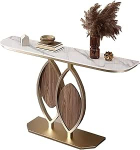 Schicker, moderner Konsolentisch in Gold, Eingangstisch mit geometrischem Metallfu&szlig; f&uuml;r Flur und Wohnzimmer, stilvoller, mehrfarbiger Sofatisch, 80 cm - Trendige Heimdekoration