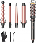 Wavytalk Thermal Brush, 5-in-1 lokitriikraudade komplekt koos termilise harja ja 4 vahetatava keraamilise kattega lokirulliga (13-32 mm), kuumakindla k&auml;tega ja 2 klambriga, roosakas kuldne