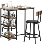 HOMCOM Baarilaud koos baaritooliga, baarilaua komplekt 2 inimesele koos 2 polsterdatud baaritooliga, seljatoega, k&ouml;&ouml;gilaud 3 riiuliga, kaasaegne stiil, baarilett s&ouml;&ouml;gituppa, k&ouml;&ouml;ki, teras, tamme