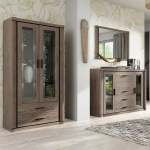 Lomadox s&ouml;&ouml;gitoa m&ouml;&ouml;blikappide komplekt pruun 3-osaline tr&uuml;hvlitammest vitriinkapp k&uuml;ljepaneel peegel