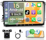 6+128G Android autoradio VW Golf 5 6 Polo Seat Skoda Passat, 9-tolline Android 15 autoraadio A-apple Carplay GPS WiFi Bluetooth 5.0 FM/RDS, AHD tagurduskaamera ja mikrofoniga