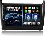 SIXTOP [Qualcomm 8-Core] 4+64G Android 15 autoraadio VW Polo 6R 6C 9N 2008-2016, 9-tolline puuteekraaniga raadio traadita Carplay Android autode peeglilink BT OBD2 GPS WiFi FM/RDS DSP + tagurdamine