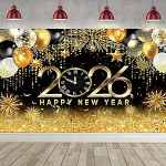 2026 Happy New Year Hintergrund Banner Neujahr Party Dekorationen Schwarz und Gold Happy New Year Eve Hintergrund f&uuml;r 2026 Neujahr Booth Requisiten 70,8 x 43,3 Zoll