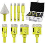 Diamond Drill Bit Set 9 Pieces (6/8/10/12/20/25/32/35 mm + 35 mm Hex Shank Diamond Chamfer Drill) Tile Drill Bit with Round Shaft for Ceramic Porcelain Tiles Marble Granite Quartz SANLEETEK
