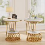 Tribesigns Golden Round Side Table: 2-Tier Side Table Set of 2 with Storage Compartment, Modern Bedside Table in White Gold, Accent Table Made of Imitation Metal Marble for Living Room