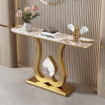Schmaler Moderner Konsolentisch Mit Marmor-Tischplatte,Beistelltisch Sofatisch Mit Minimalistischem Metallgestell,Eingangsbereich, Foyer, Flur(Brown b+Gold,120cm)
