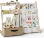 Laste riiul koos m&auml;nguasjade korraldajaga 2-in-1 - puidust ja riidest raamaturiiul 4 sektsiooniga, sahtli ja pliiatsitaskutega - 68 cm k&otilde;rgune turvaline riiul lastetoas, lastetoas (valge)