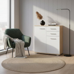 Fauske kapp 2 sahtlit 2 ust Sonoma tammepuust valge Laius 69 cm K&otilde;rgus 74 cm S&uuml;gavus 34 cm