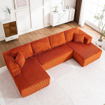 Bladez 303 cm suur modulaarne U-kujuline nurgadiivan magamisfunktsiooniga, 3-kohaline Corduroy ekstra s&uuml;gava istmega, kaasaegne kondita diivanvoodi, 6 padjaga ilma kokkupanekuta, elutuppa (oranž-4)