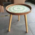 Runde Beistelltische f&uuml;r Wohnzimmer, Schlafzimmer, Pflanzenst&auml;nder f&uuml;r Balkon, handgefertigtes Rattan-Tablett mit 3 Beinen, Perlmutt-Intarsien, Kaffee/Akzenttisch (gr&uuml;n)