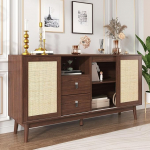 Kapid Sideboard 3 l&uuml;kanduksega, ehtne rotangist ja 2 sahtlit, hingav, stabiilne ja mitmek&uuml;lgne, 80 x 160 cm (tume puit)