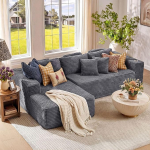 Generisch 275cm Ecksofa L-Form aus Cord, 3-Sitzer mit Ottomane Links, Modulares Schlafsofa Cloud-Couch, Boneless Couch Montagefrei, Bequemes Bodensofa f&uuml;r Wohnzimmer, Heimkino & Gaming, Grau