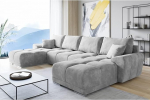 Easy London Velvet Ecsofa U-kujuline helehall - Diivan hoiuruumi ja padjadega - pikendatav diivan magamisfunktsiooniga - diivanvoodi voodikastiga - k&uuml;lalisvoodi - 365 x 189 cm.