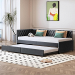 Diivanvoodi 90 x 200 cm koos trundle voodiga, sametist p&auml;evavoodi lamelliraamiga, disain polsterdatud voodi 2-kohaline diivan magamisfunktsiooniga k&uuml;lalistetuppa, elutuppa ja teismeliste tuppa, hall