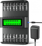 16 pesaga akulaadija 1,2 V AA/AAA/C/D akudele (NI-Mh/NI-CD), LCD-ekraaniga, iseseisev/segatud laadimine, 12 V/2 A sisendiga laadija (laadija)